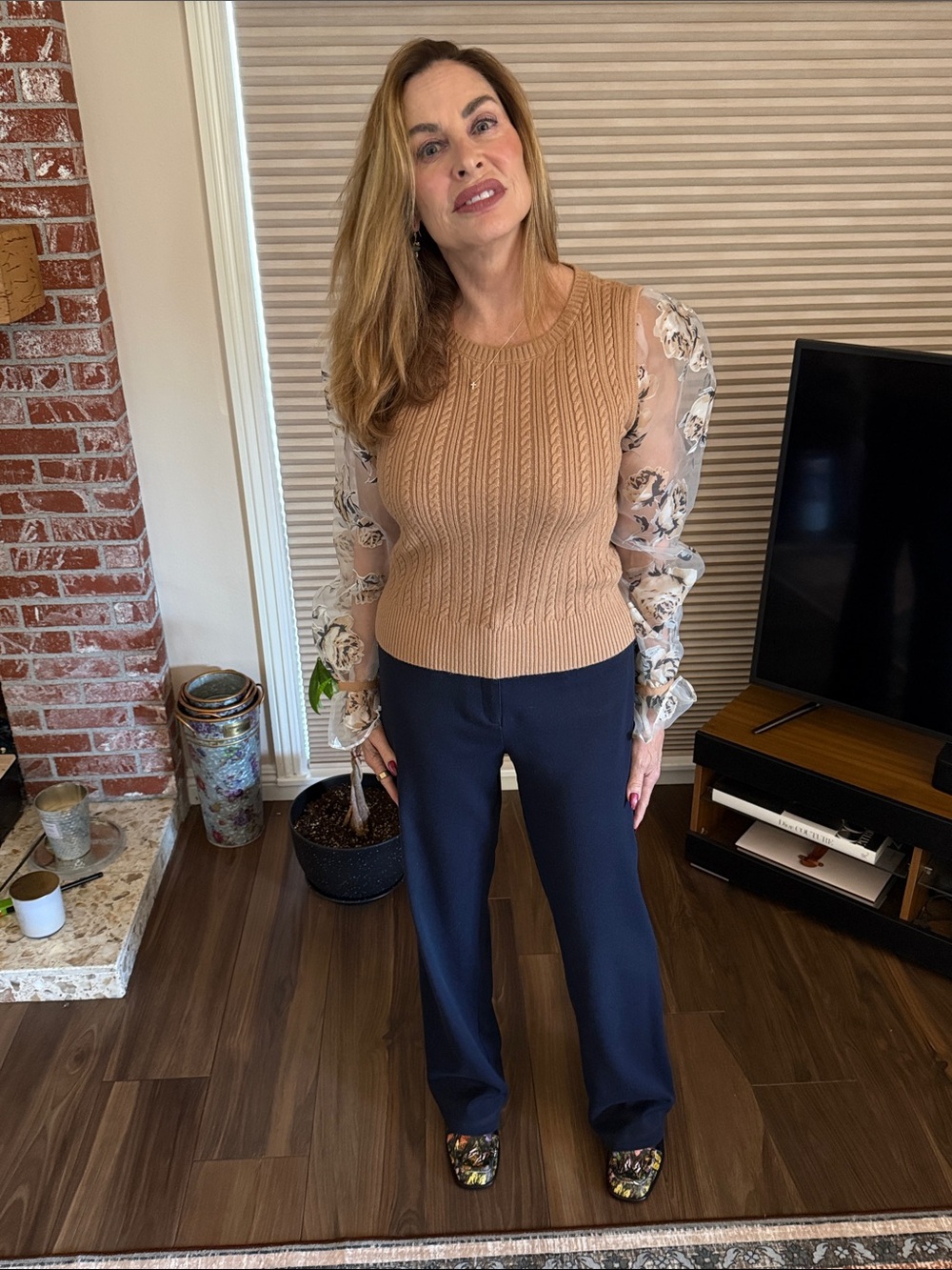 Maeve Tan Cable-Knit Sweater with Sheer Floral Bishop Sleeves